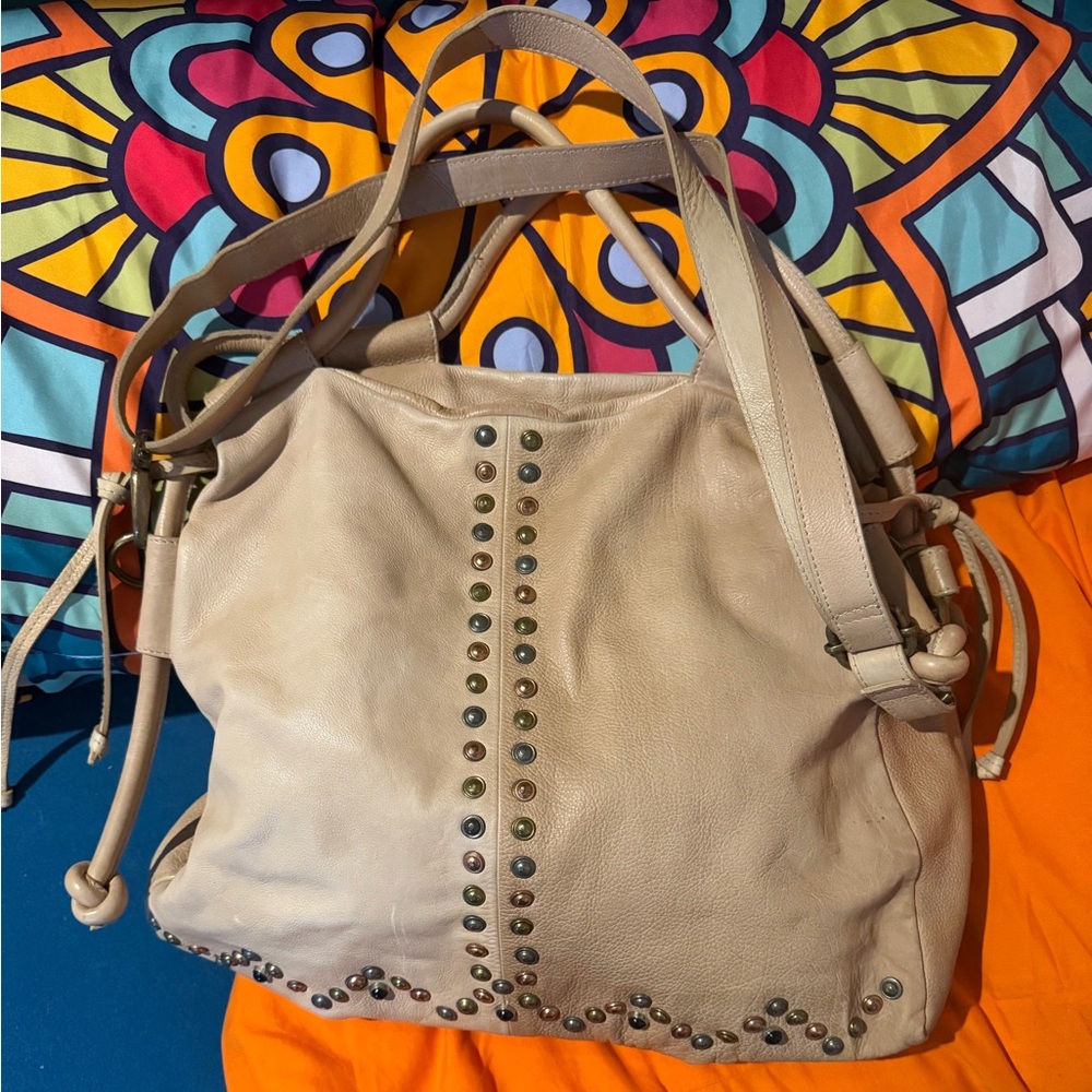 Free People/We The Free Studded Tan Leather Savoy Crossbody Bag Real Leather